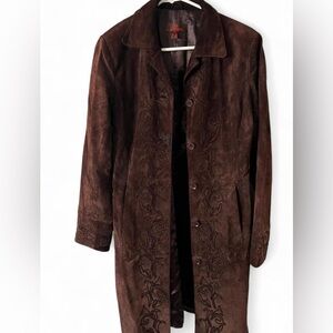 Danier Brown Authentic Suede Embroidered Long Coat | Size Small